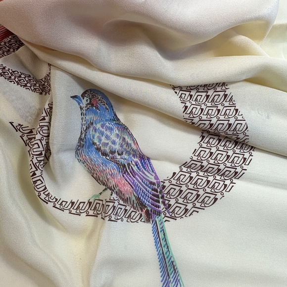 Vintage Christian Dior Silk Scarf Ivory Stripes and Birds Monogram - Picture 4 of 12